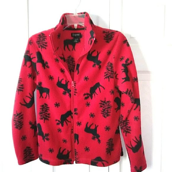 Red Fleece Jacket with Black Reindeer and Trees Small - Picture 1 of 5